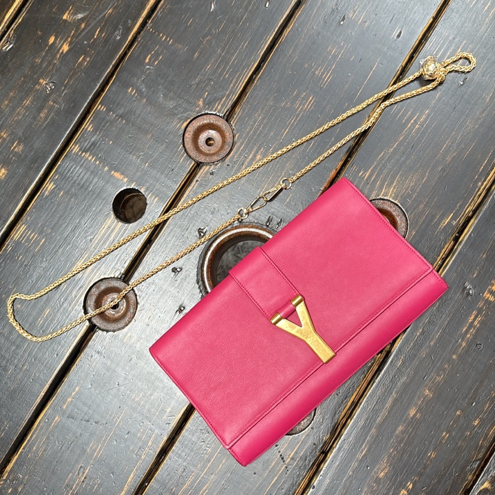 Saint Laurent Signature Hold “Y” Large Pink Leather Clutch or Shoulder Bag - Picture 17 of 17